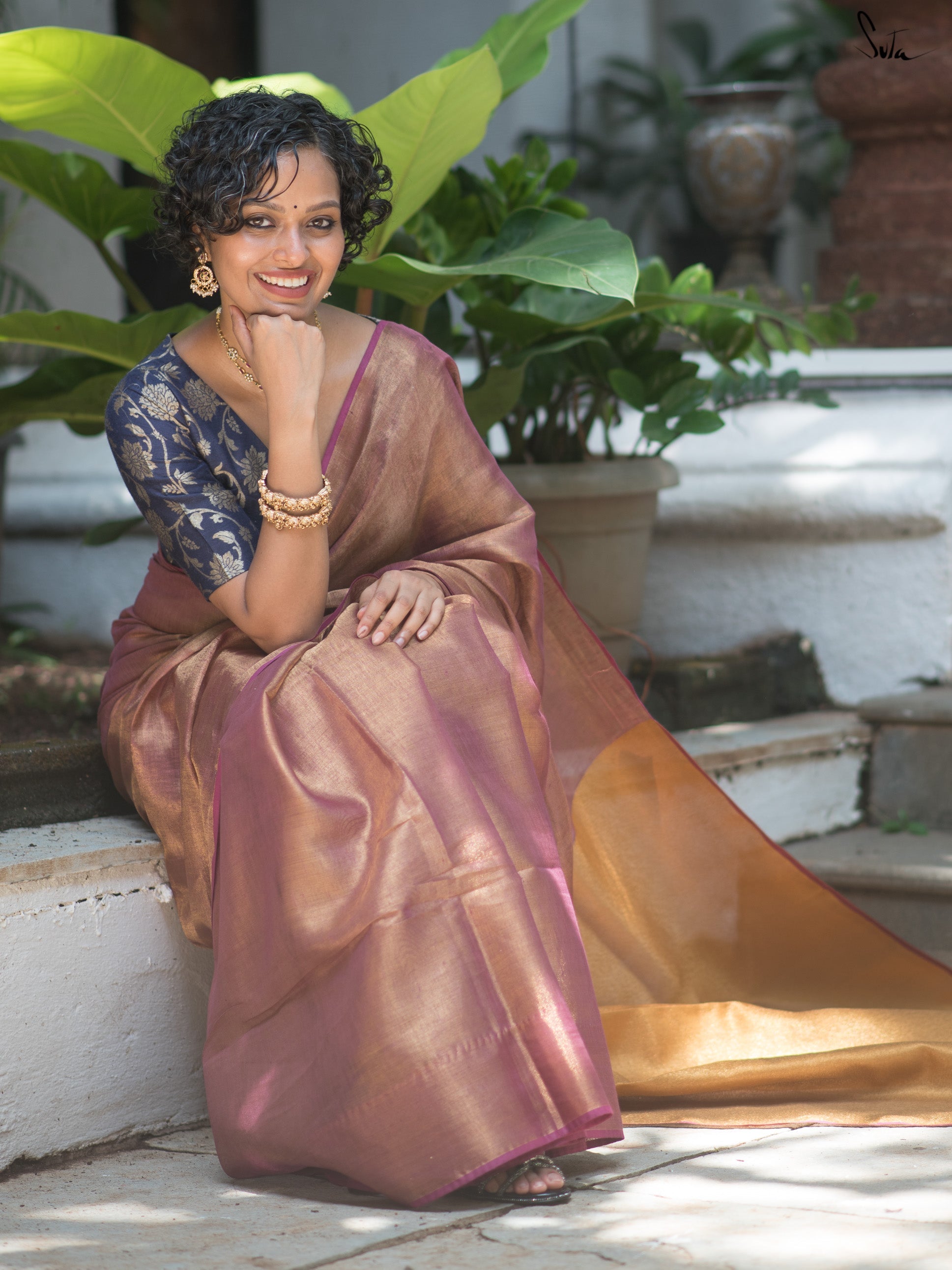 Pink Gold Linen Zari Saree With Blouse Piece