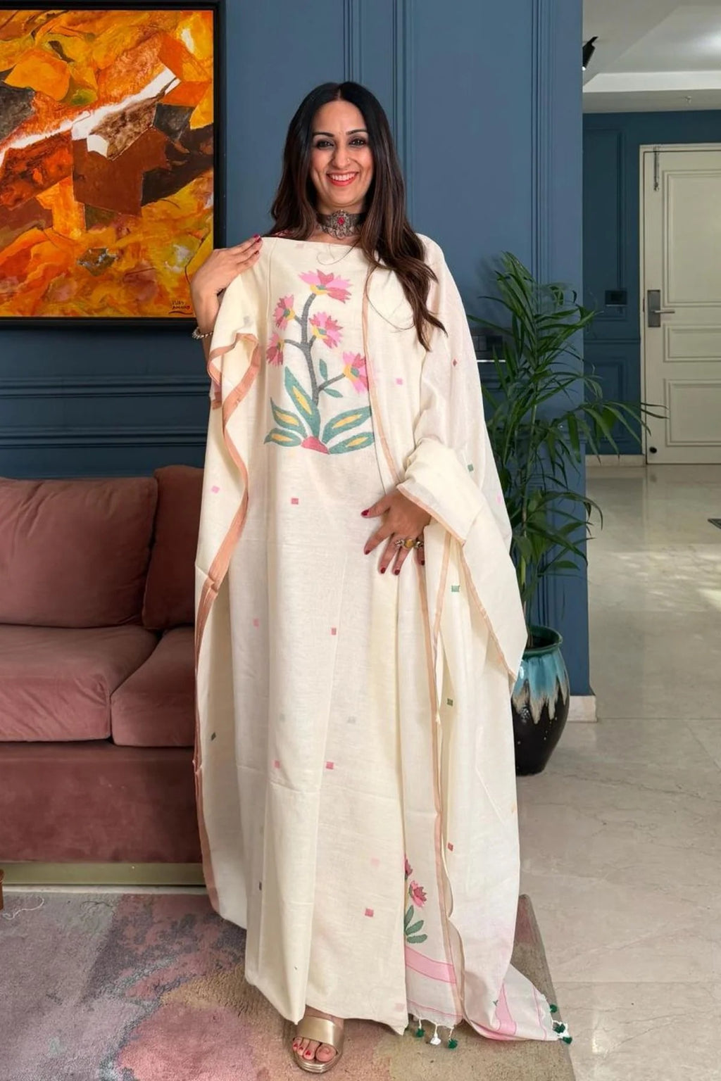 Pure Muga Cotton Jamndani Floral Woven Unstitched Suit - White