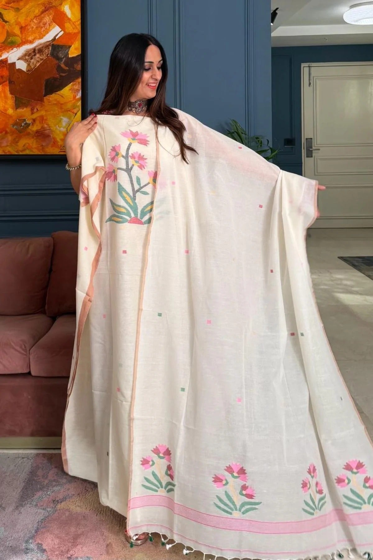 Pure Muga Cotton Jamndani Floral Woven Unstitched Suit - White